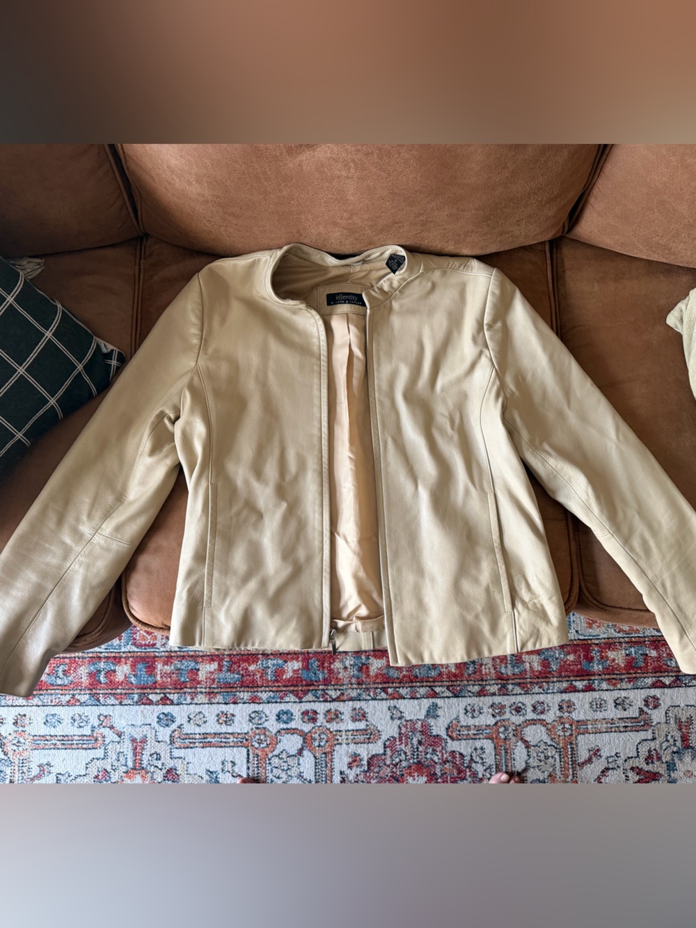 Lord & Taylor Vintage Beige Leather Collarless Jacket size 8